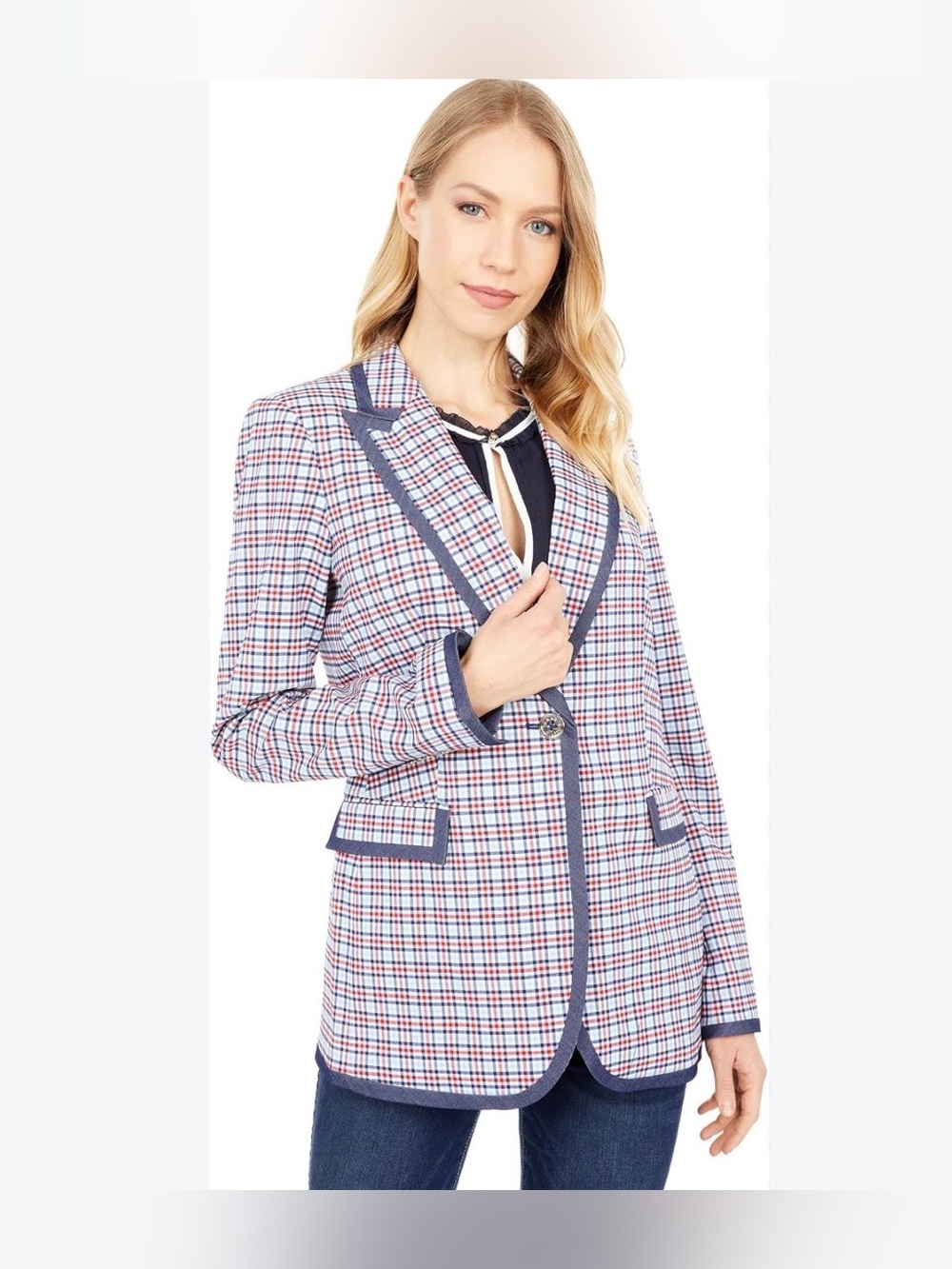 Tommy Hilfiger Plaid Single Button Blazer with Notched Lapels and Pocket Flaps